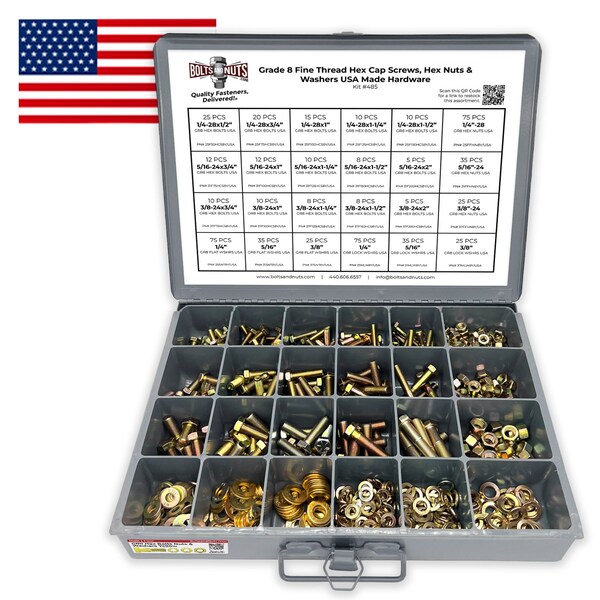 Boltsandnuts.Com Inch Grade 8 Fine Thread Hex Cap Screws, Hex Nuts & Washers Zinc Yellow USA Made Hardware - 574 PCS Assortment Kit #485 - main
